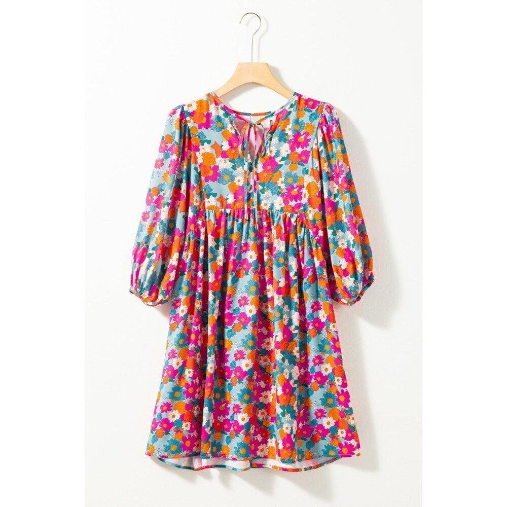 Floral Tie Neck Puff Sleeve Mini Dress